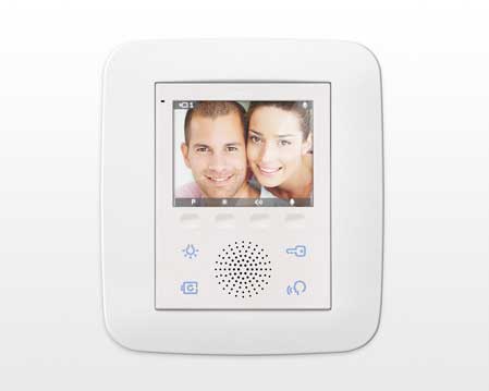 Vimar Video Door Entry Device with basic home automation functionality product and interface design quickpartners - high user interaction comfort with economic CPU and dsiplay technology and only 4 softbuttons. sample screen with active call on white backgraound